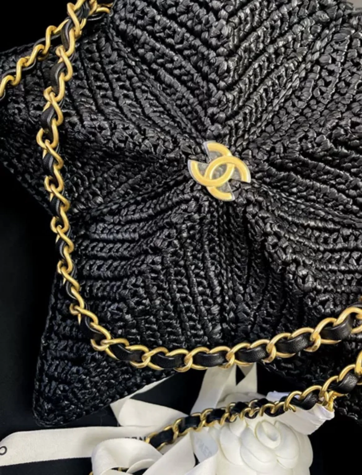 Chanel Star Coco Beach Bag Black Raffia Aged Gold Hardware - Image 5