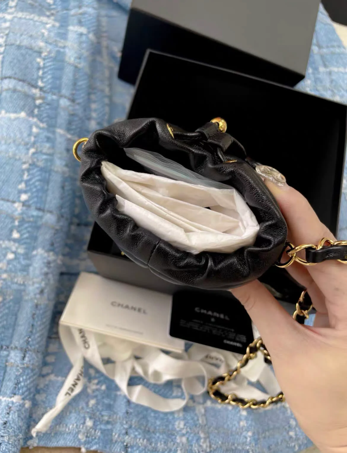 Chanel Mini Bucket Fluffy Chain Black Lambskin Gold Hardware Bag - Image 5